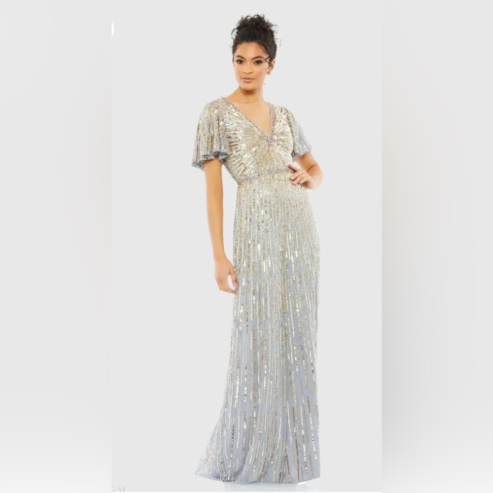 Mac Duggal Silver Embellished V Neck Butterfly Sleeve Column Gown